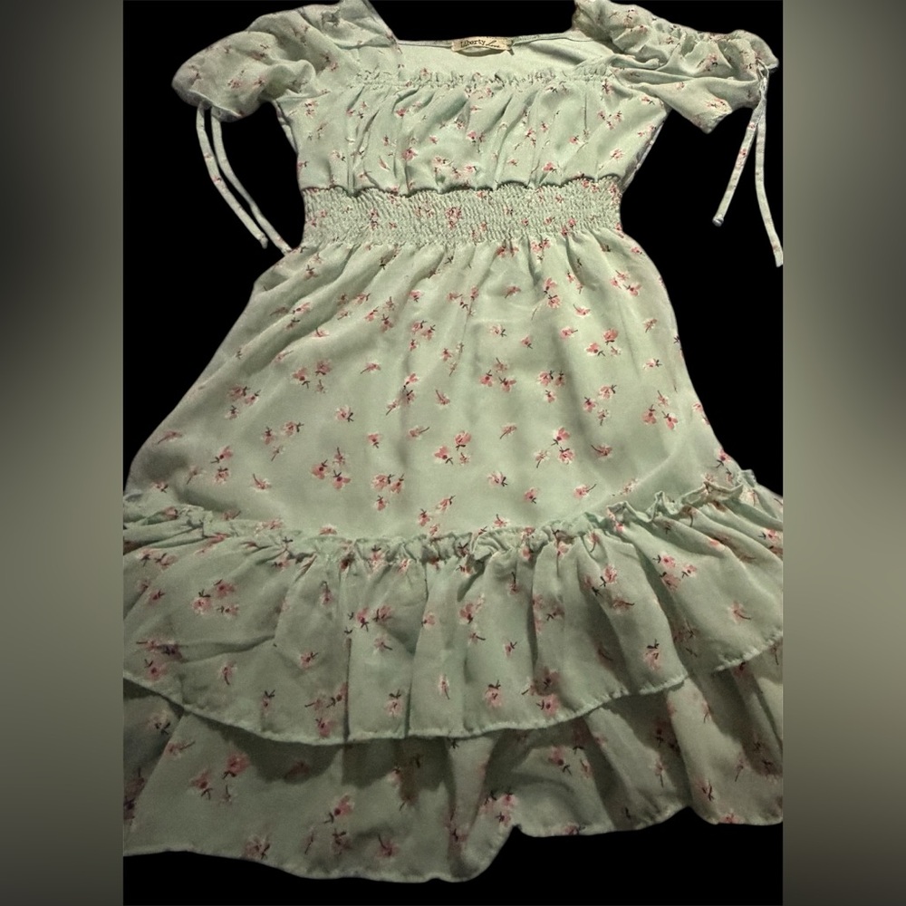 Smocked Midi Dress in Sage Green with Pink Floral Print